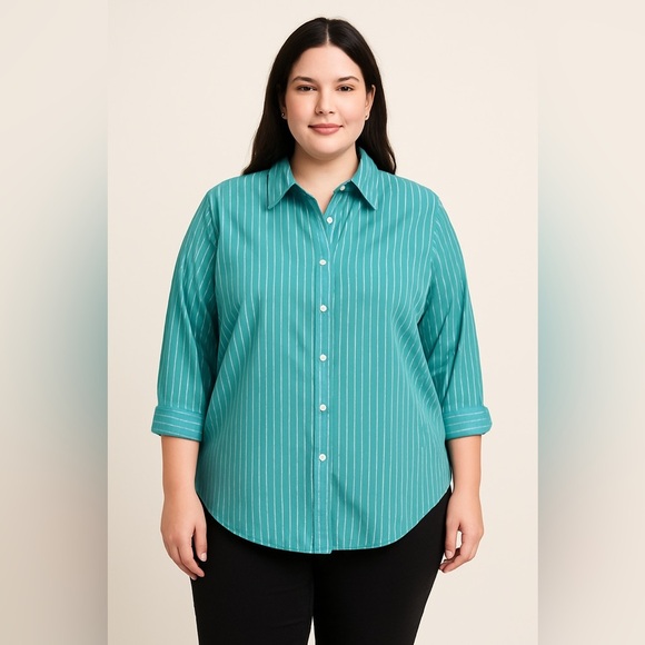 Chaps Aqua and White Striped Shirt - Picture 1 of 4